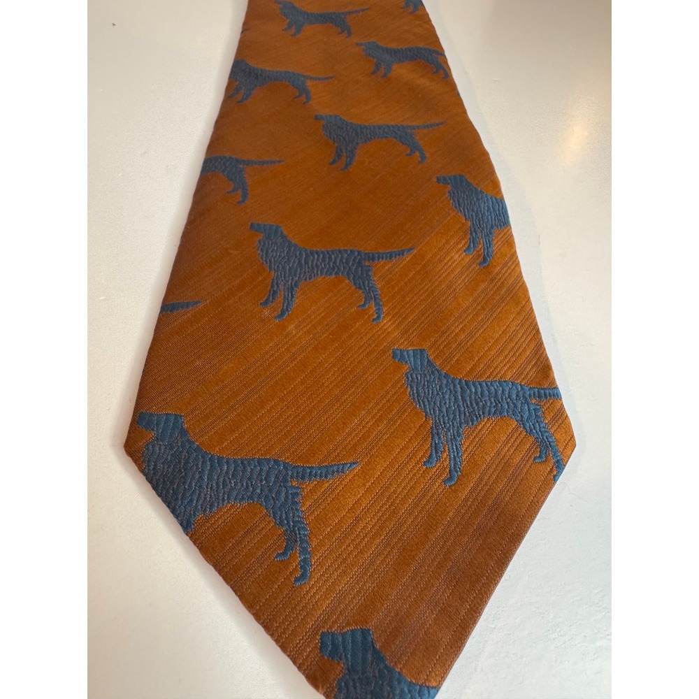 Vintage Pulitzer Tie Amber Blue Setter Dog Wide Novelty Necktie